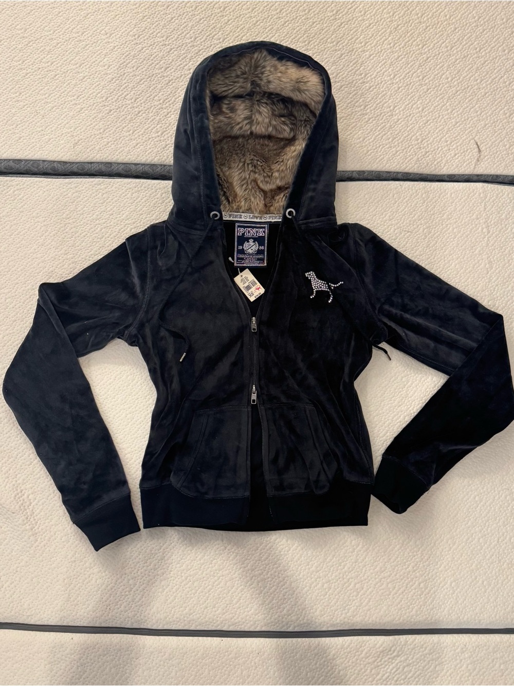 PINK Black Velour Hoodie with Brown Faux Fur Hood Lining